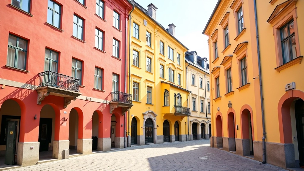 Spalvoti petmojičio pastatų fasadai, klasikinė architektūra, ryto šviesa