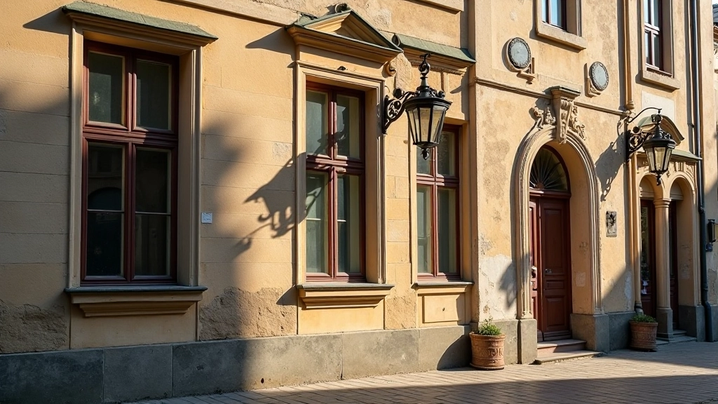 Senos statybos namas su detalėmis, tradicinis Kauno petmojičio stilius, ryto šviesa, aukštos sienos