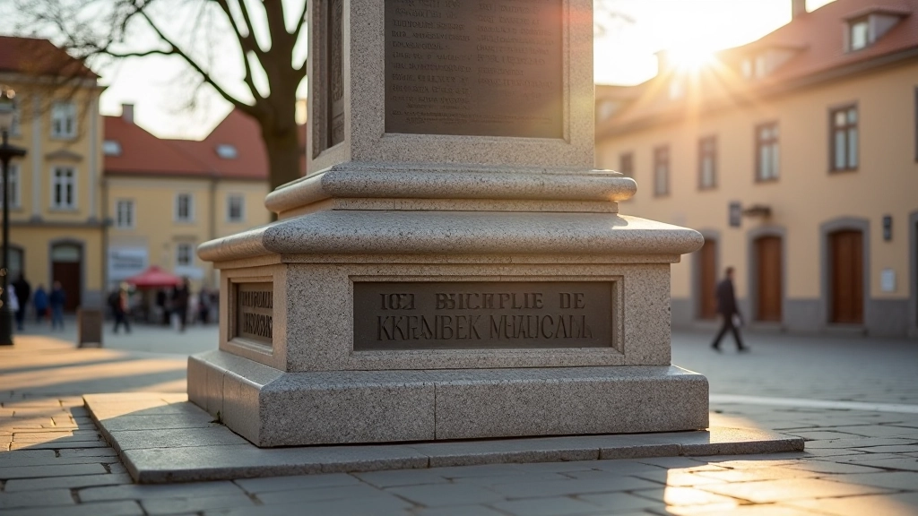 Paminklas senamiestyje, granito ir metalo medžiagos, saulės apšvietimas