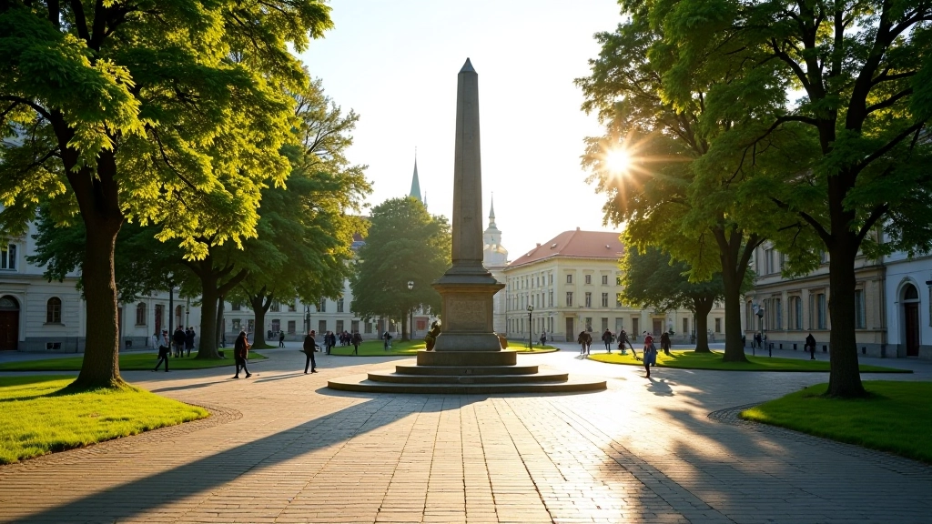 Aikštė su paminklais, žaliomis erdvėmis ir pėsčiųjų takais, ryto šviesa