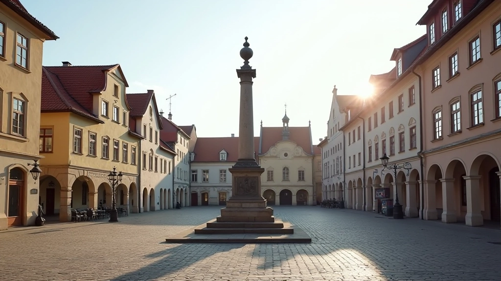 petmojičio aikštė su paminklu, tradicinės statybos namai, rytas, šviesa nuo saulės, atidžus žvilgsnis