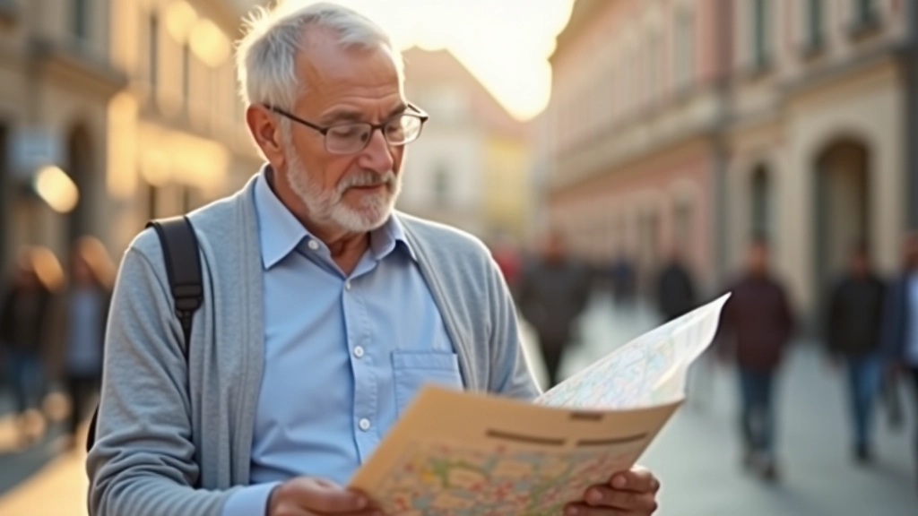 Senjoras žiūri į žemėlapį petmojičio aikštėje, ryto šviesa, ramus žvilgsnis